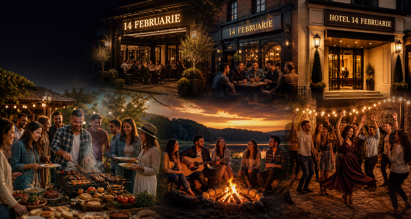 Prieteni la restaurant, grătar, foc de tabără și dans